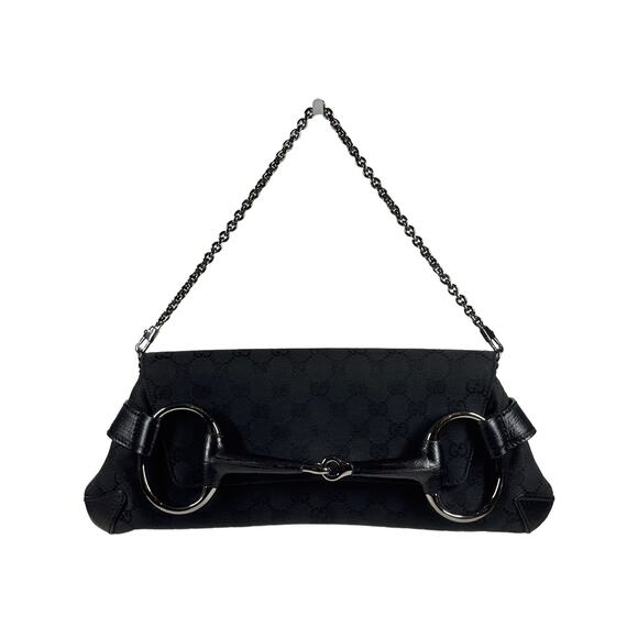 Gucci Vintage Black GG Monogram Horsebit Large Chain Shoulder Clutch Bag - Picture 1 of 9